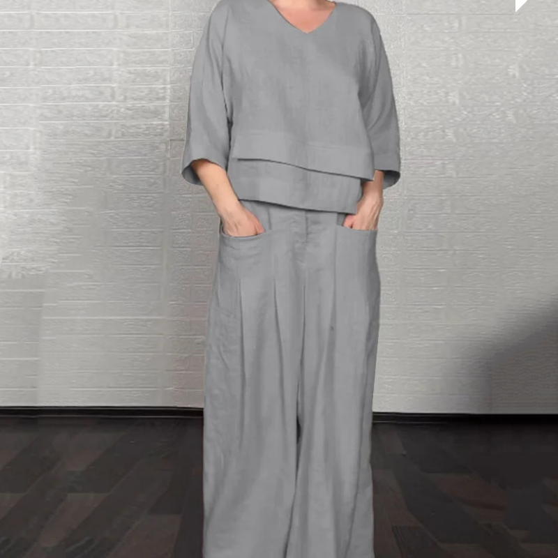 Liza | Conjunto de algodón-lino de 2 piezas – Top de cuello en V y pantalones de pierna ancha • S1