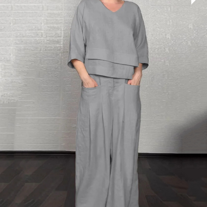 Liza | Conjunto de algodón-lino de 2 piezas – Top de cuello en V y pantalones de pierna ancha • S1