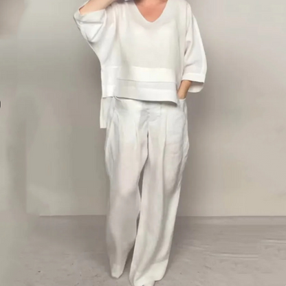 Liza | Conjunto de algodón-lino de 2 piezas – Top de cuello en V y pantalones de pierna ancha • S1