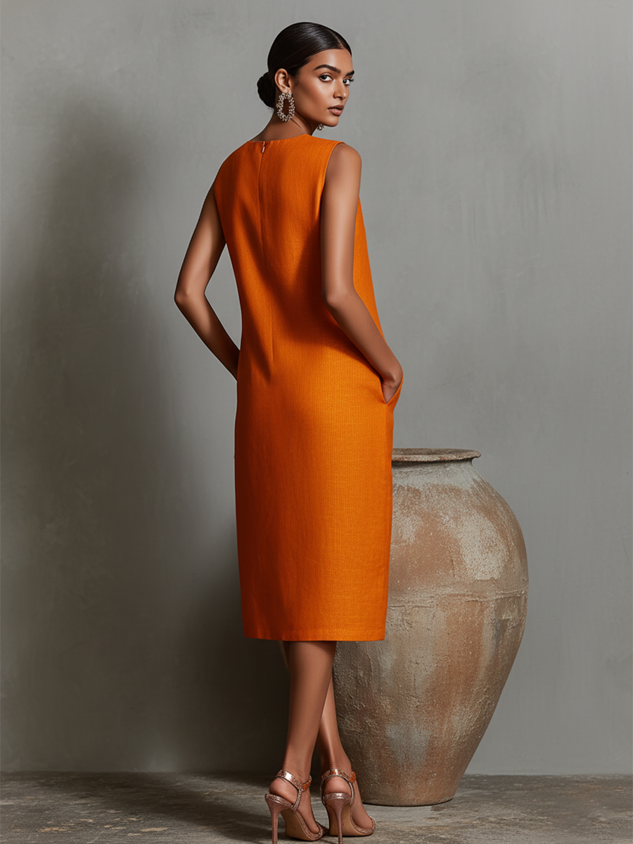 Vestido de Lino Naranja para Mujer con Cuello Redondo Sin Mangas y Bolsillos Laterales, Estilo Minimalista-Elegante Atemporal