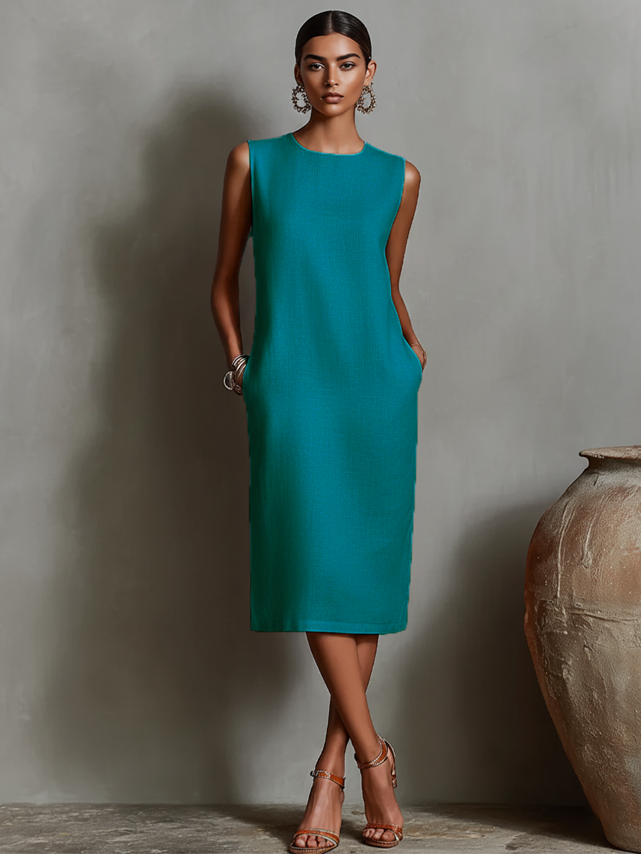 Vestido de Lino Naranja para Mujer con Cuello Redondo Sin Mangas y Bolsillos Laterales, Estilo Minimalista-Elegante Atemporal
